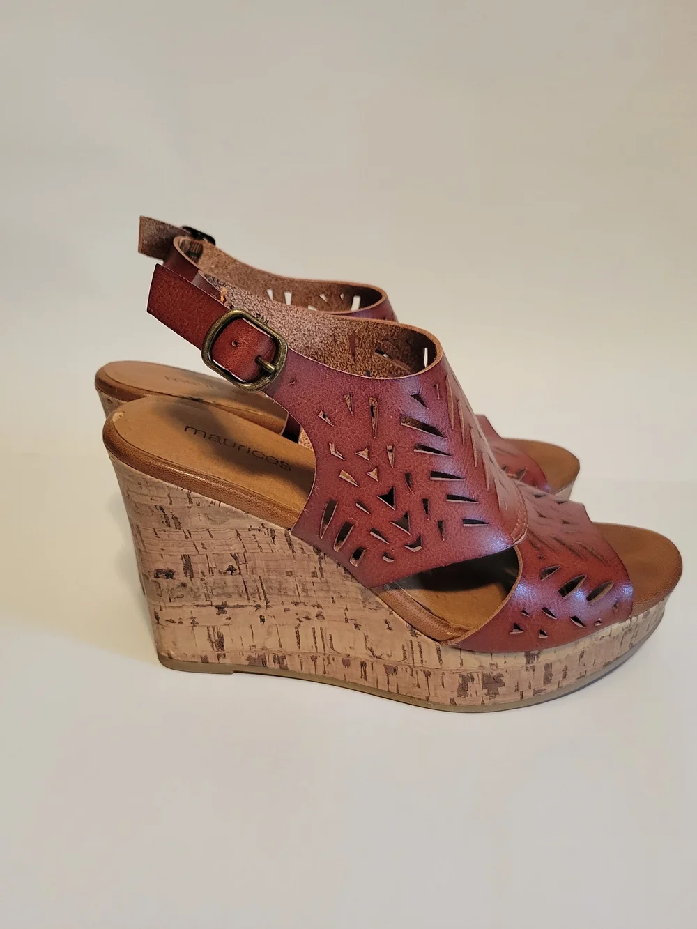 Maurices Womens Brown Laser Cut Cork Platform Wedge Sandals Size 7M Boho Y2K